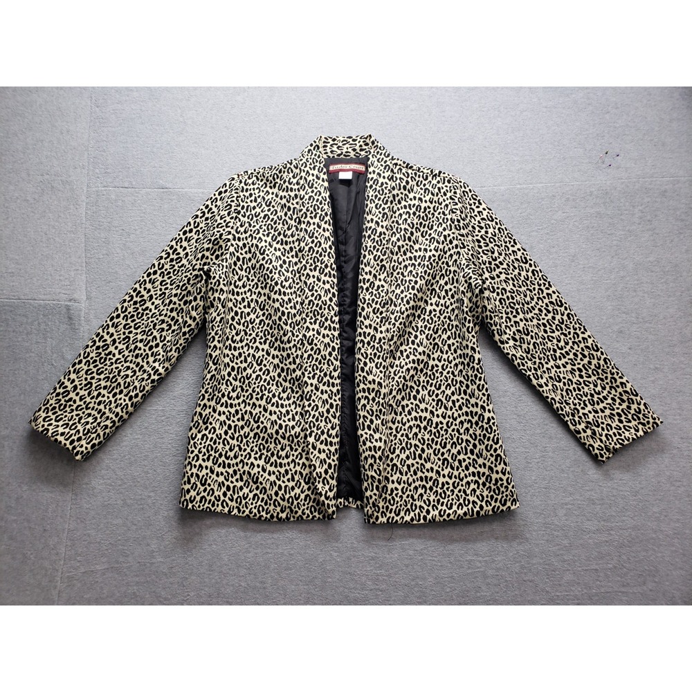 Tudor Court Women Blazer Jacket L Tan Animal Print Open Front Long Sleeve Office